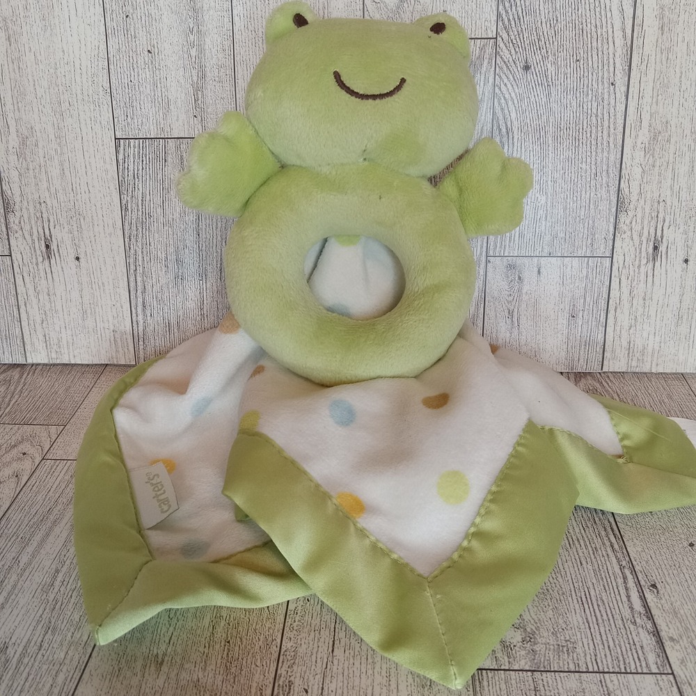 Carter's Frog Lovie Rattle Security Blanket Plush Satin Polka Dot 99584 Green